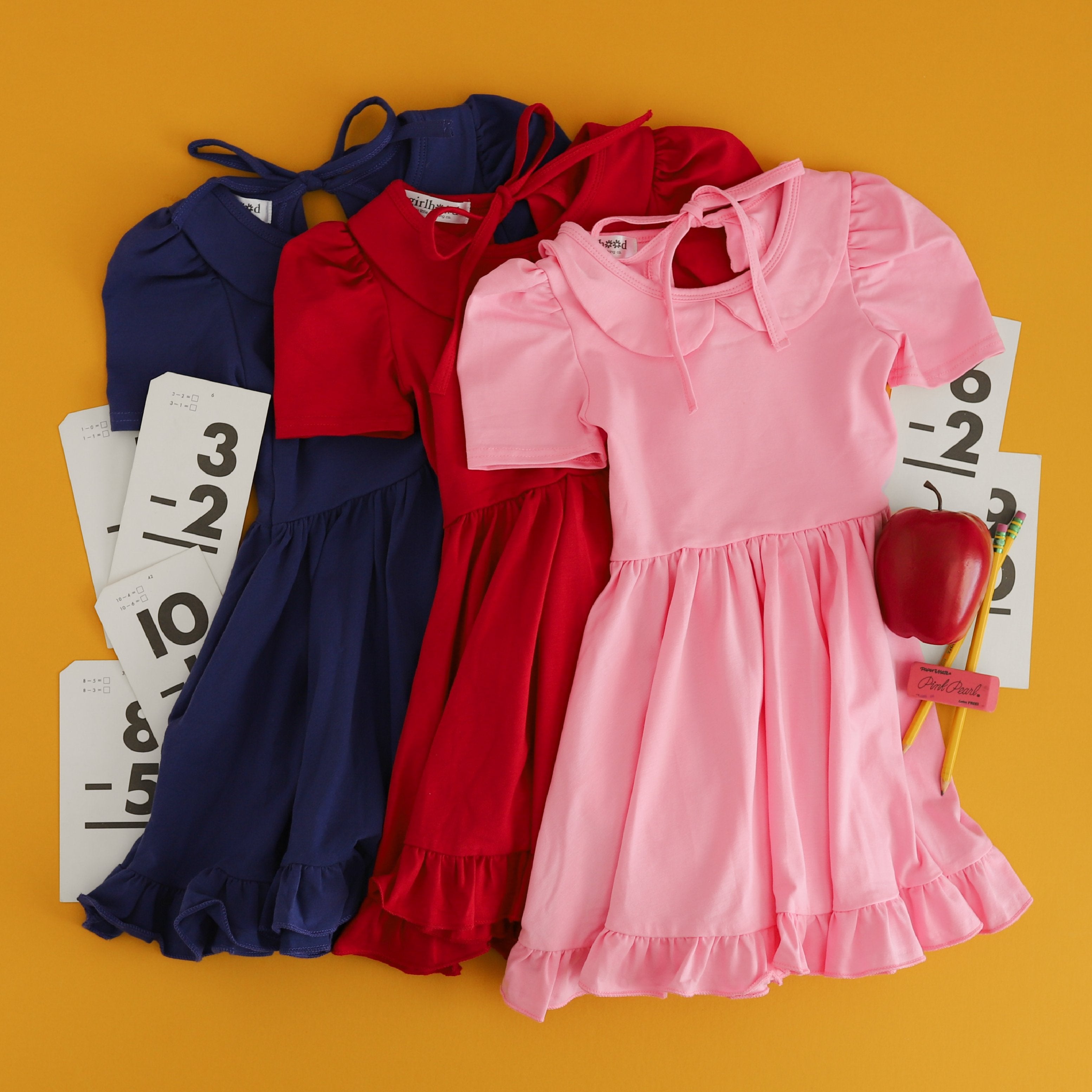 Girls Back to School Twirl Dresses Hand-drawn Prints & Solids Little Stocking Company Girls Back to School Twirl Dresses Hand-drawn Prints & Solids Little Stocking Company