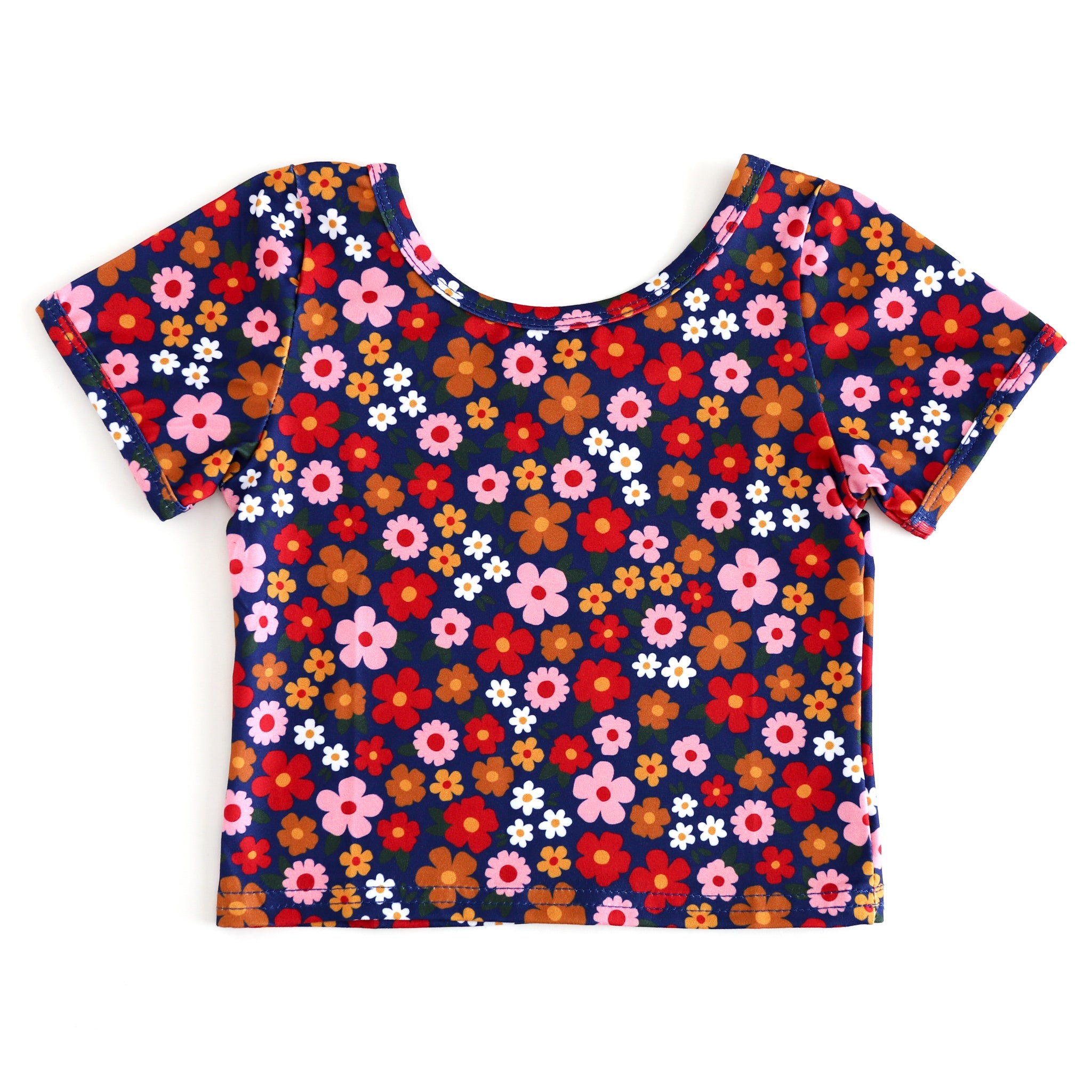 girls scoop neck, short sleeve fitted t-shirt in navy with red, pink, yellow and white floral design to match back to school collection