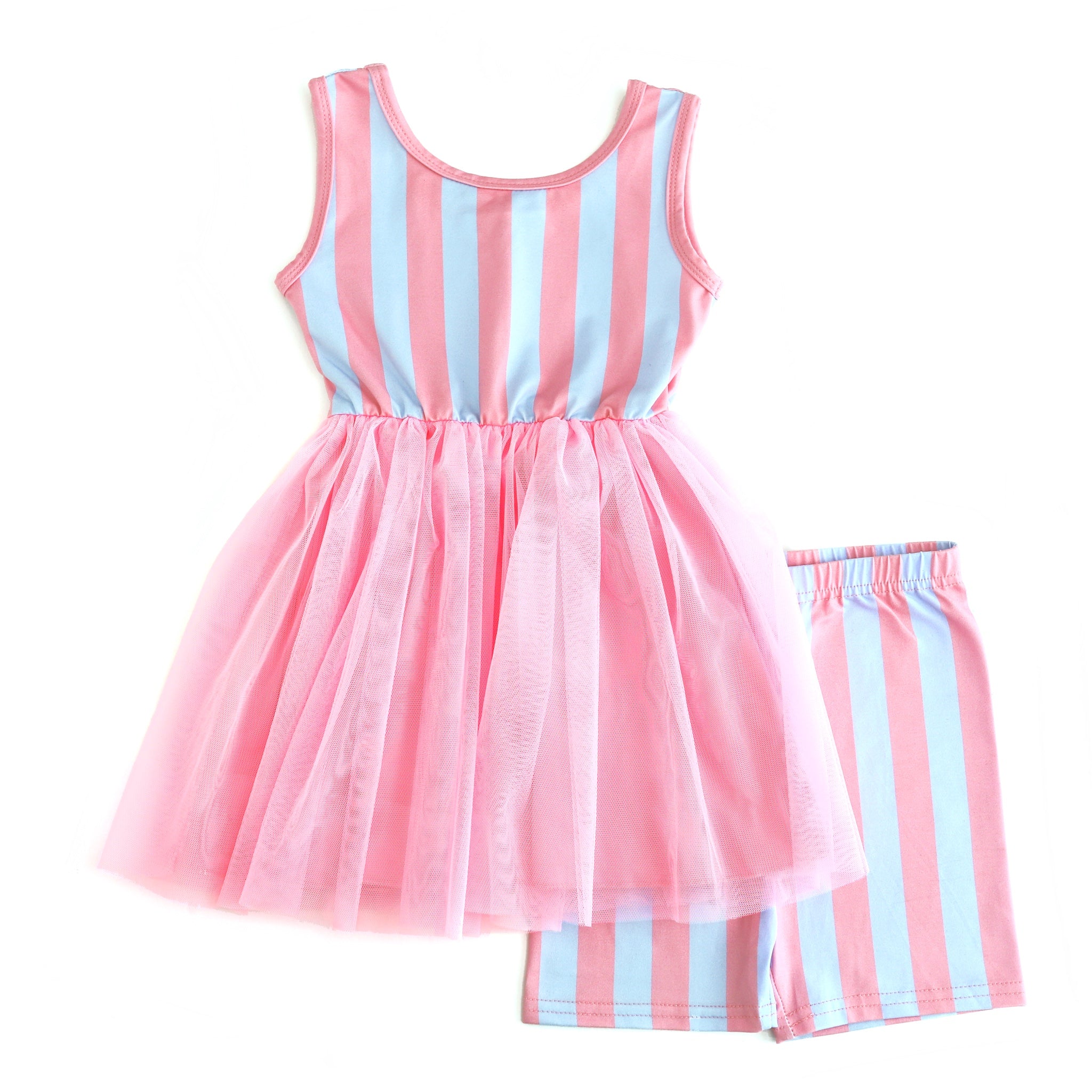 Little girls pink and blue cotton candy stripe dress with pink tutu and matching striped shorts