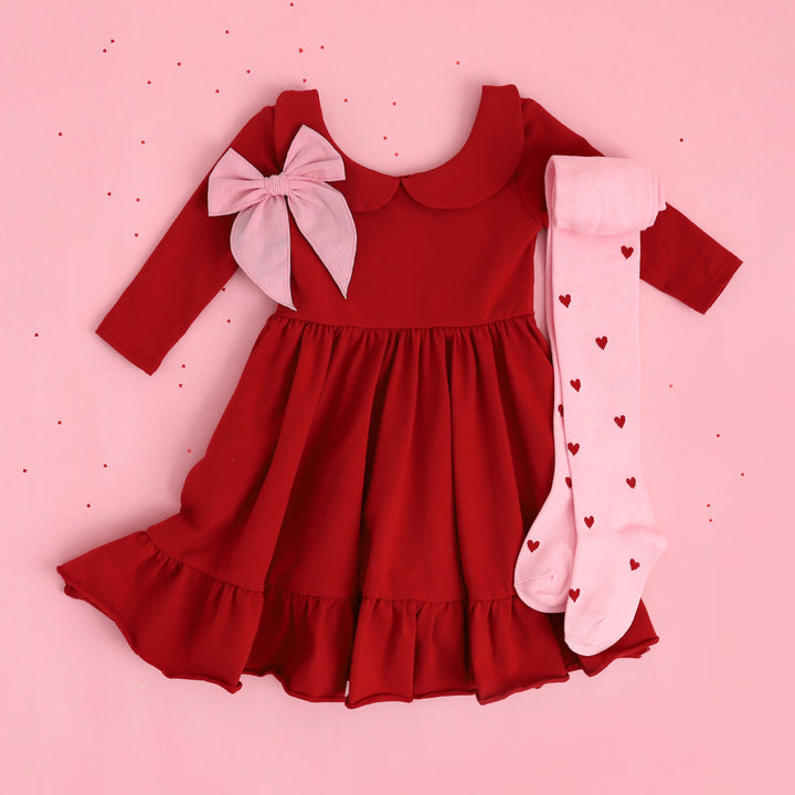 girls red cotton twirl dress with peterpan collar