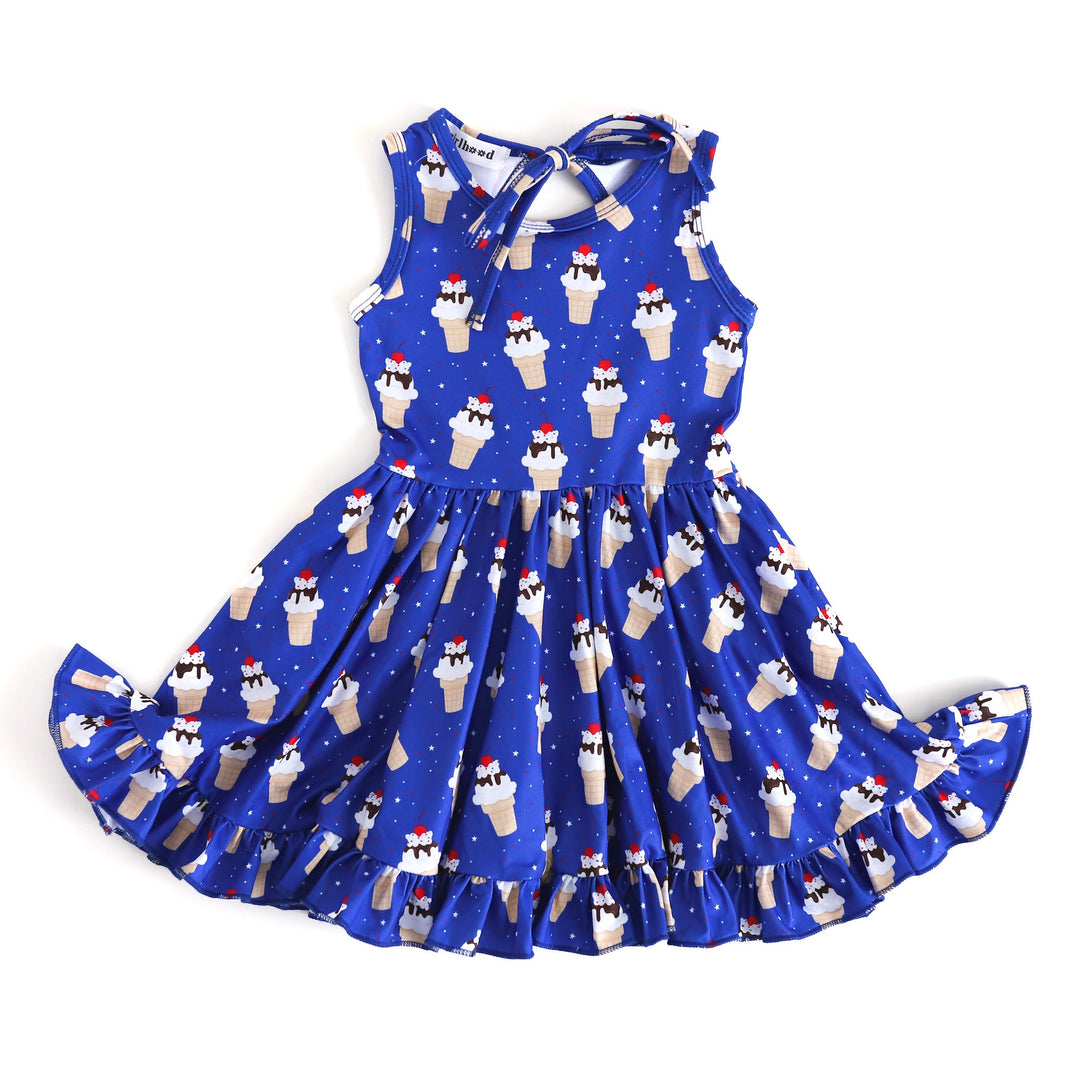 bright blue girls' summer twirl dress with ice cream cones