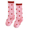 girls' pink knee high socks with red apple design and red scalloped trim