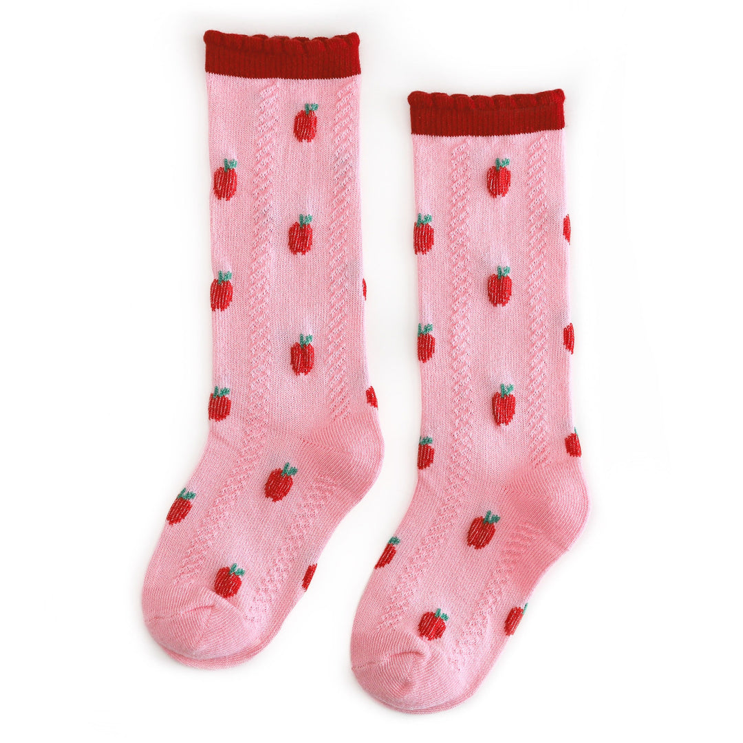 girls' pink knee high socks with red apple design and red scalloped trim