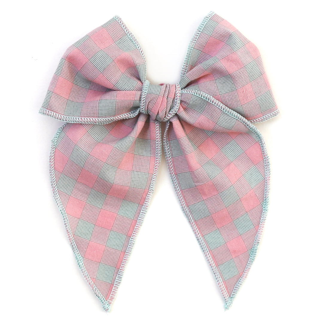girls aqua blue and pink gingham hair bow
