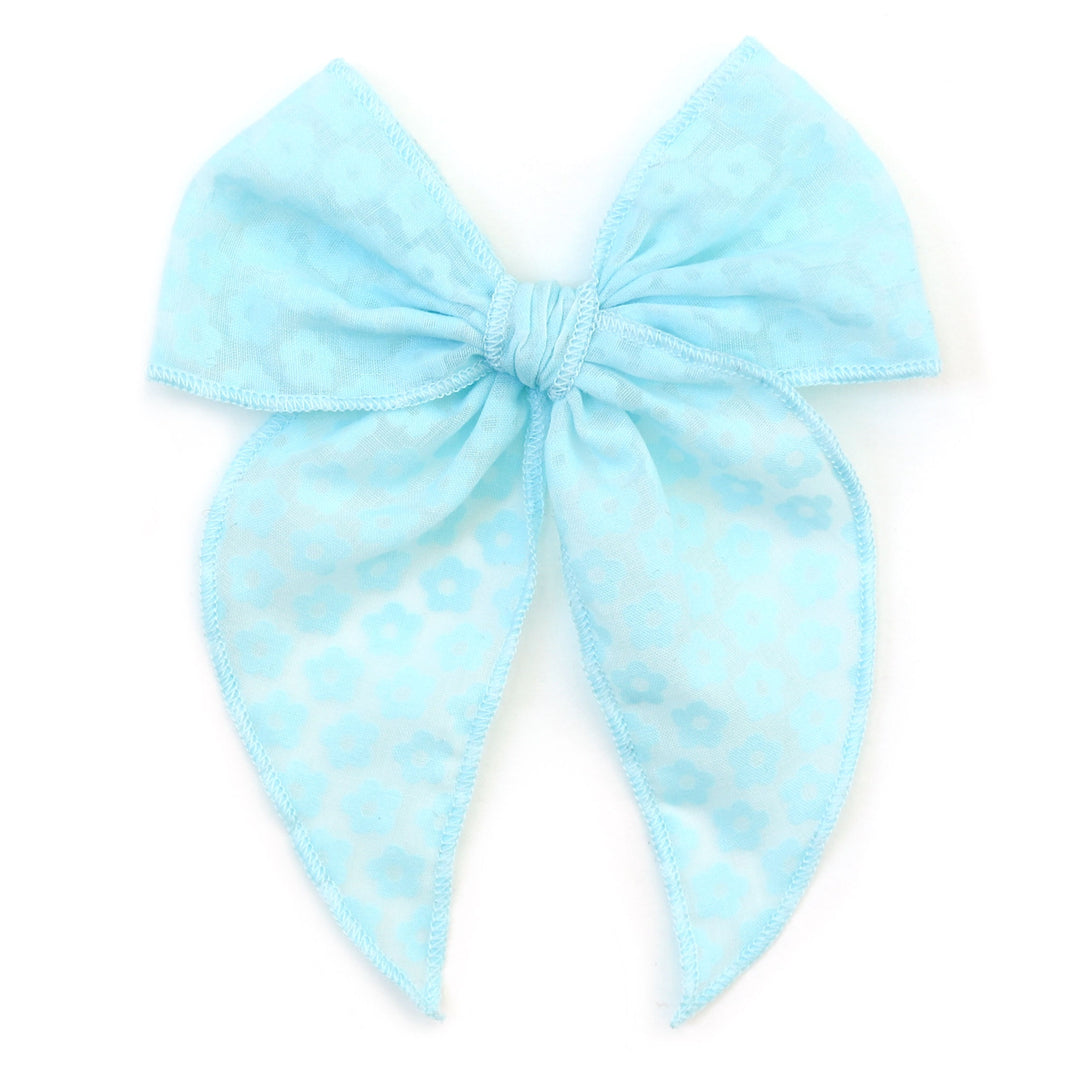 sheer aqua blue floral hair bow on clip