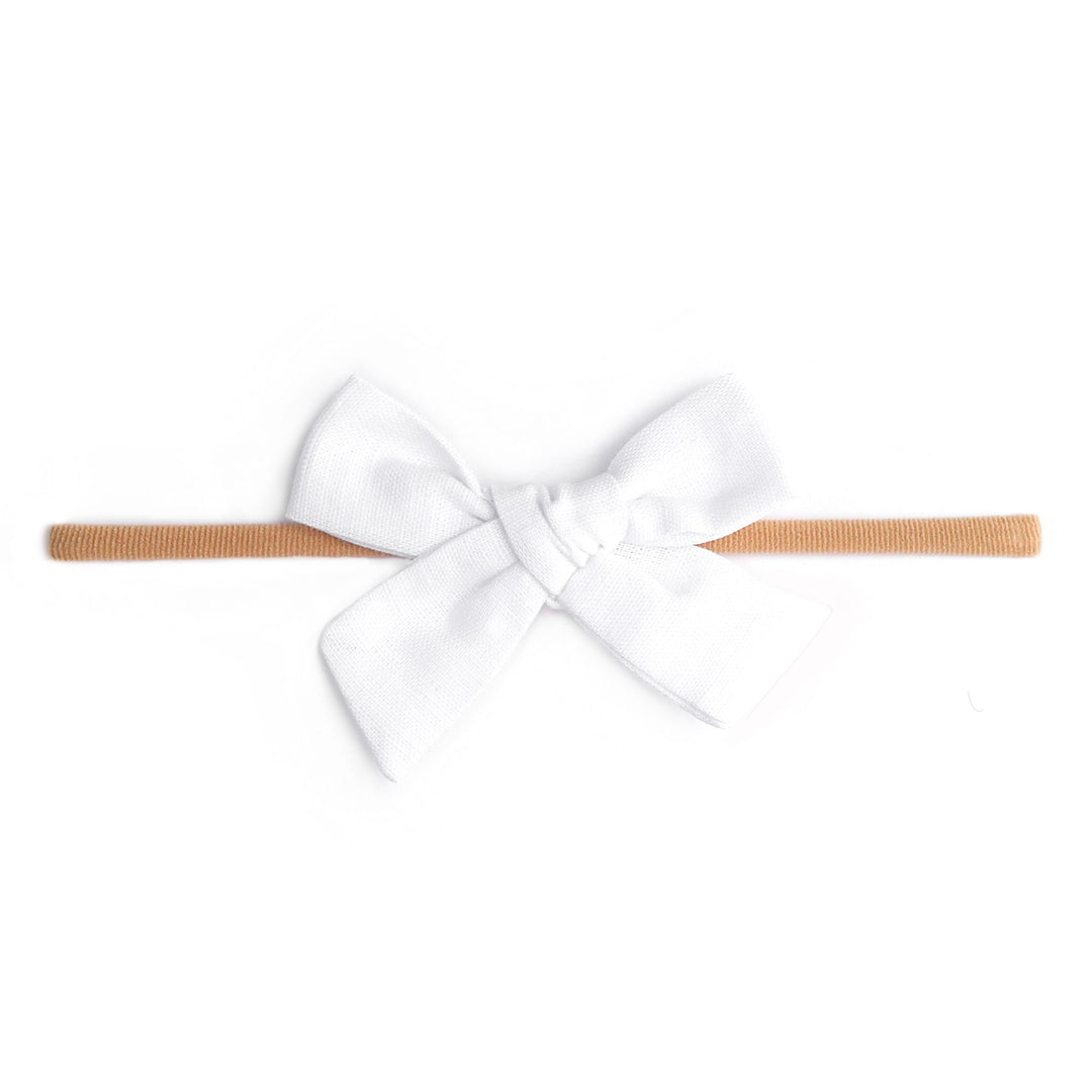 white linen baby hair bow on nylon band