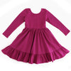girls' cotton blend solid twirl dress in berry with long sleeves, scoop neck and ruffle hem for fall
