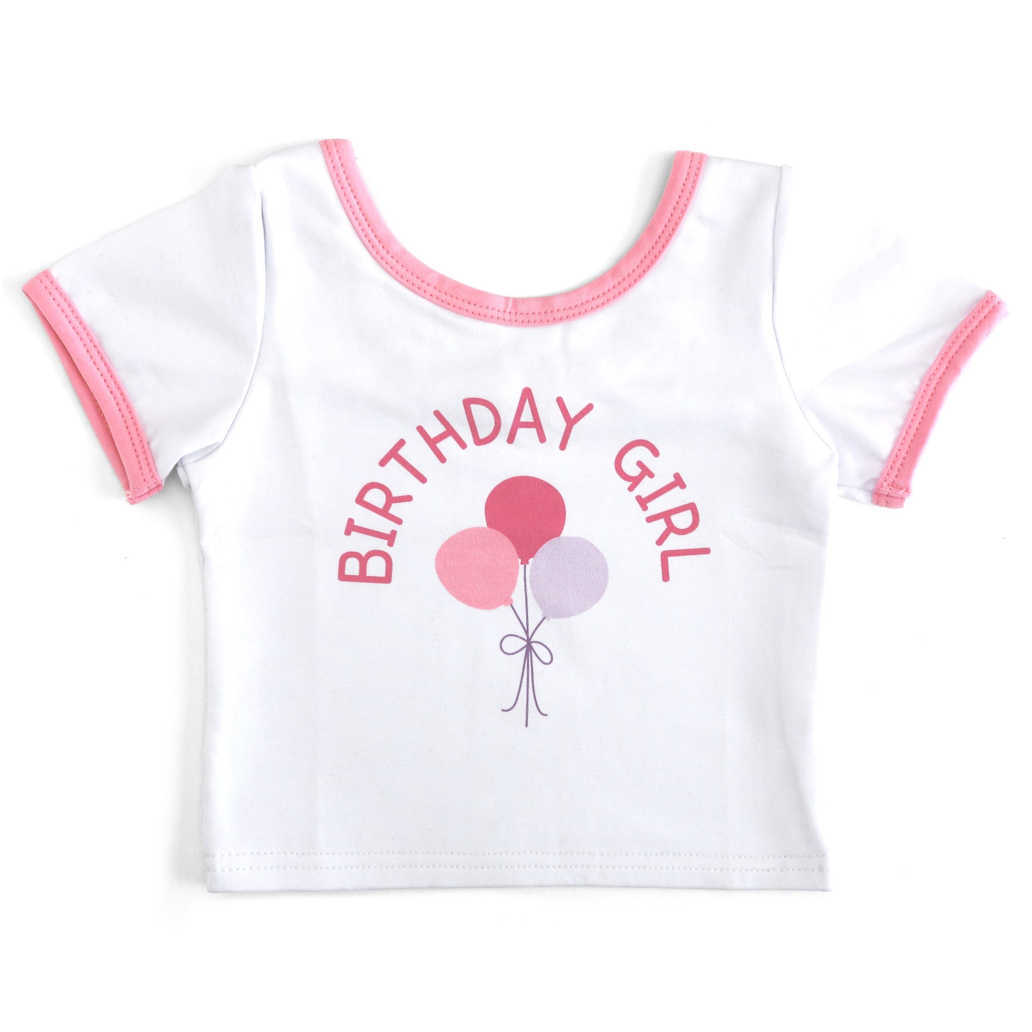 girls fitted white cotton blend t-shirt with pink binding and Birthday Girl print with pink and light purple balloons