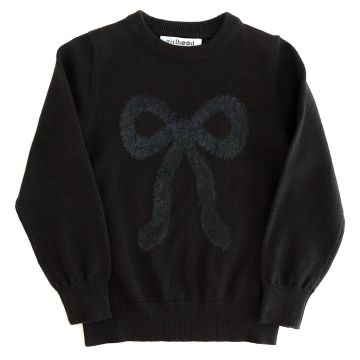 girls' black pullover cotton knit sweater with fuzzy black bow design to match Halloween outfits