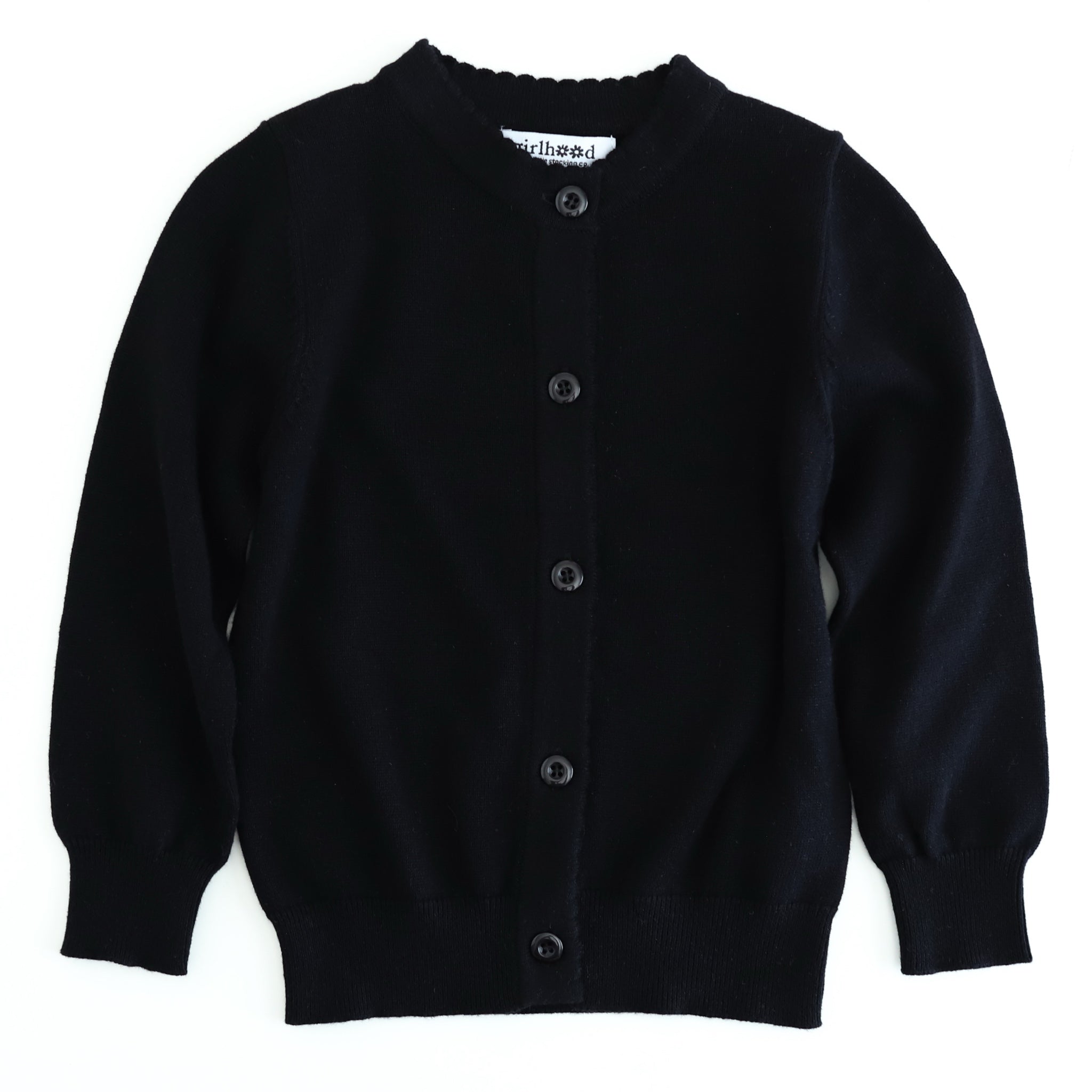black cotton knit cardigan with scalloped trim and buttons down the front to pair with Halloween outfits