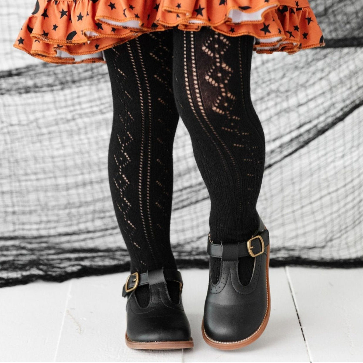 girls open knit black tights with moon and stars dress