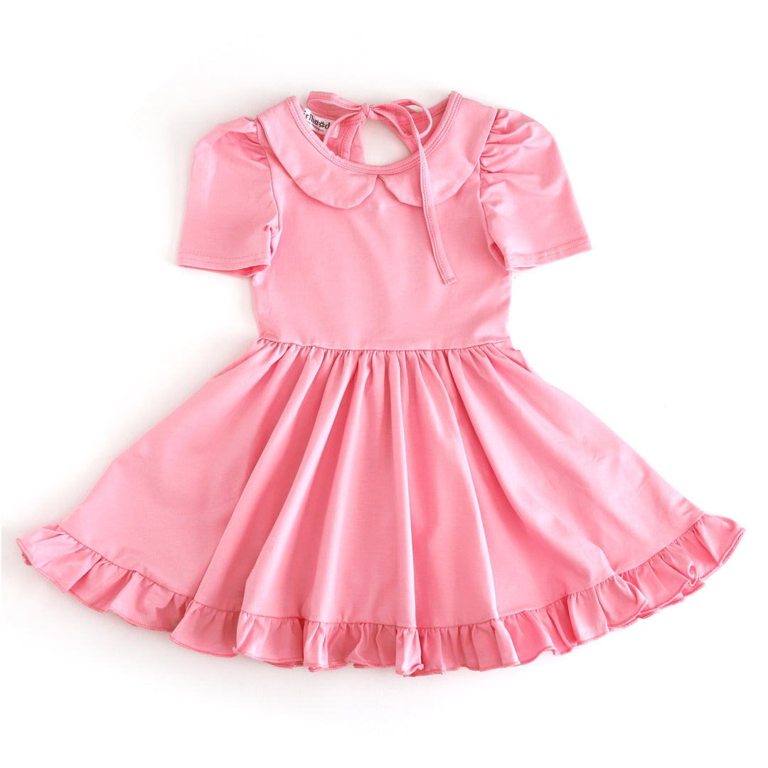 girl's collared, short sleeve cotton blend twirl dress in blossom pink for back to school