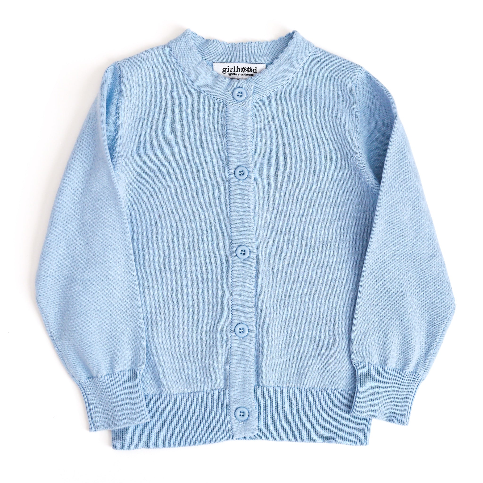 girl's spring blue cotton knit, button front cardigan