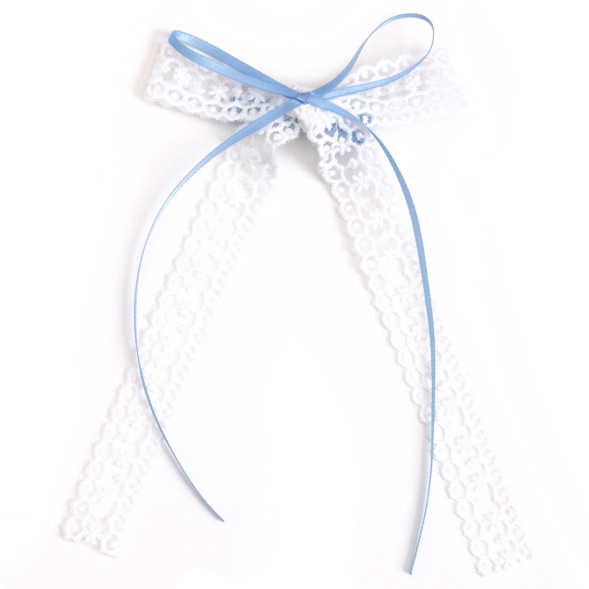 girls' white lace long tail bow with dainty blue ribbon detail on clip for easter and spring