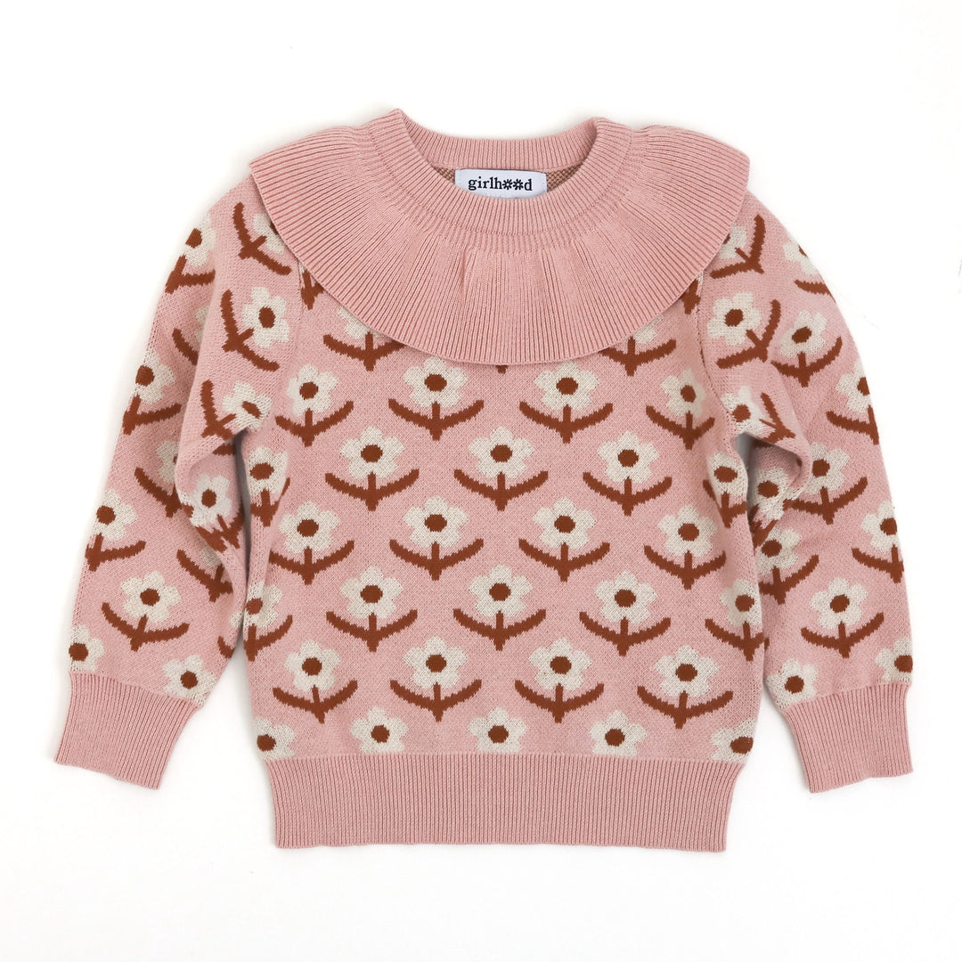 girls blush pink pullover sweater with vanilla and brown floral design
