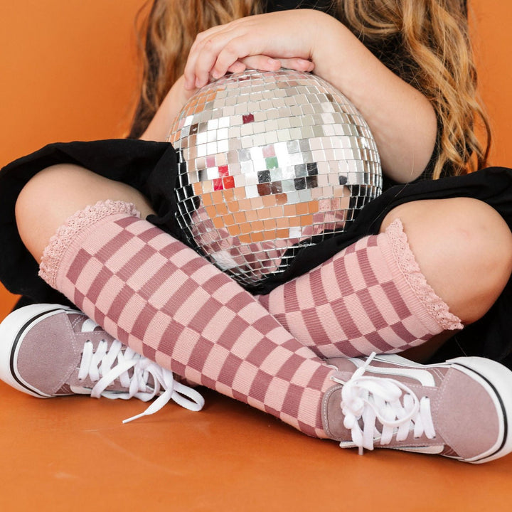 girls pink checker knee high socks