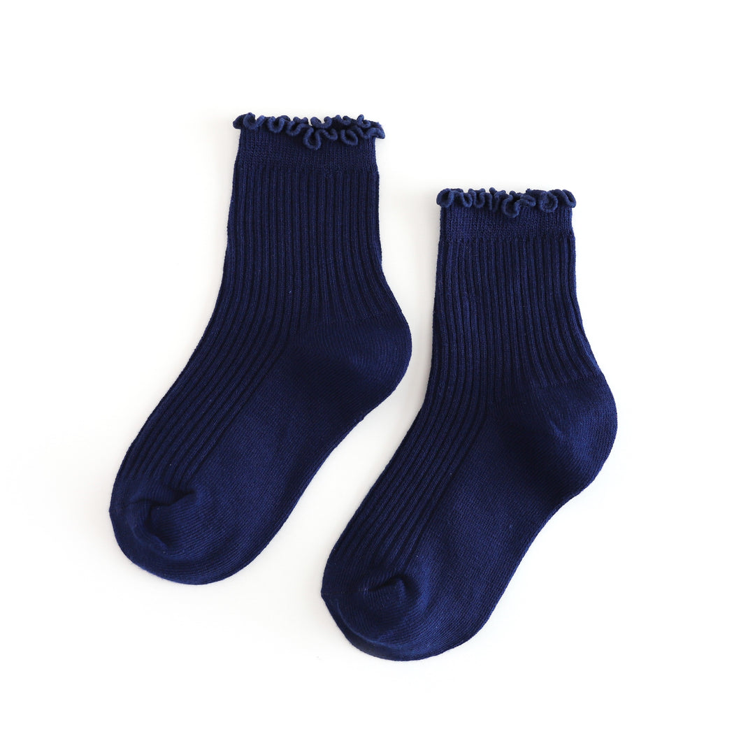 girls ribbed lettuce trim midi socks in bright navy to match back to school and uniform outfits