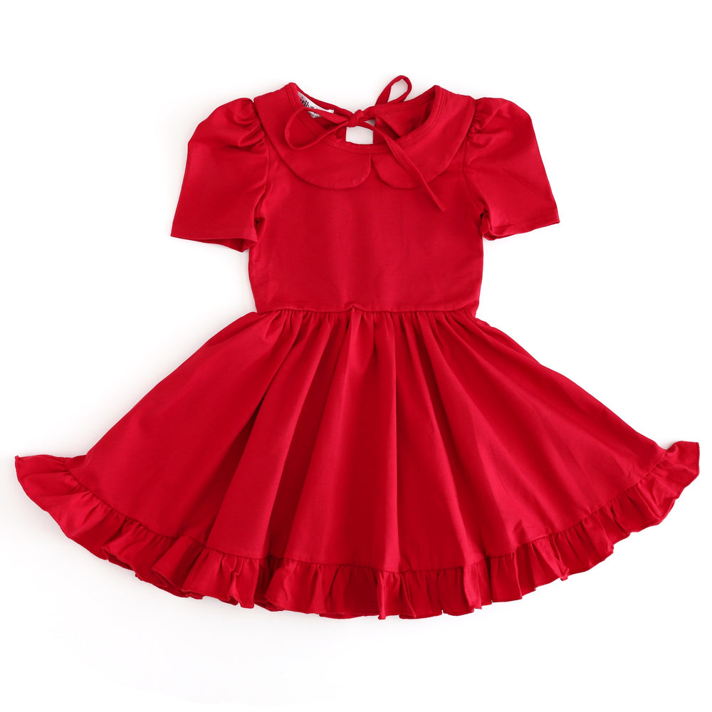 girls bright red collared twirl dress with ruffle trim and short sleeves for back to school uniform