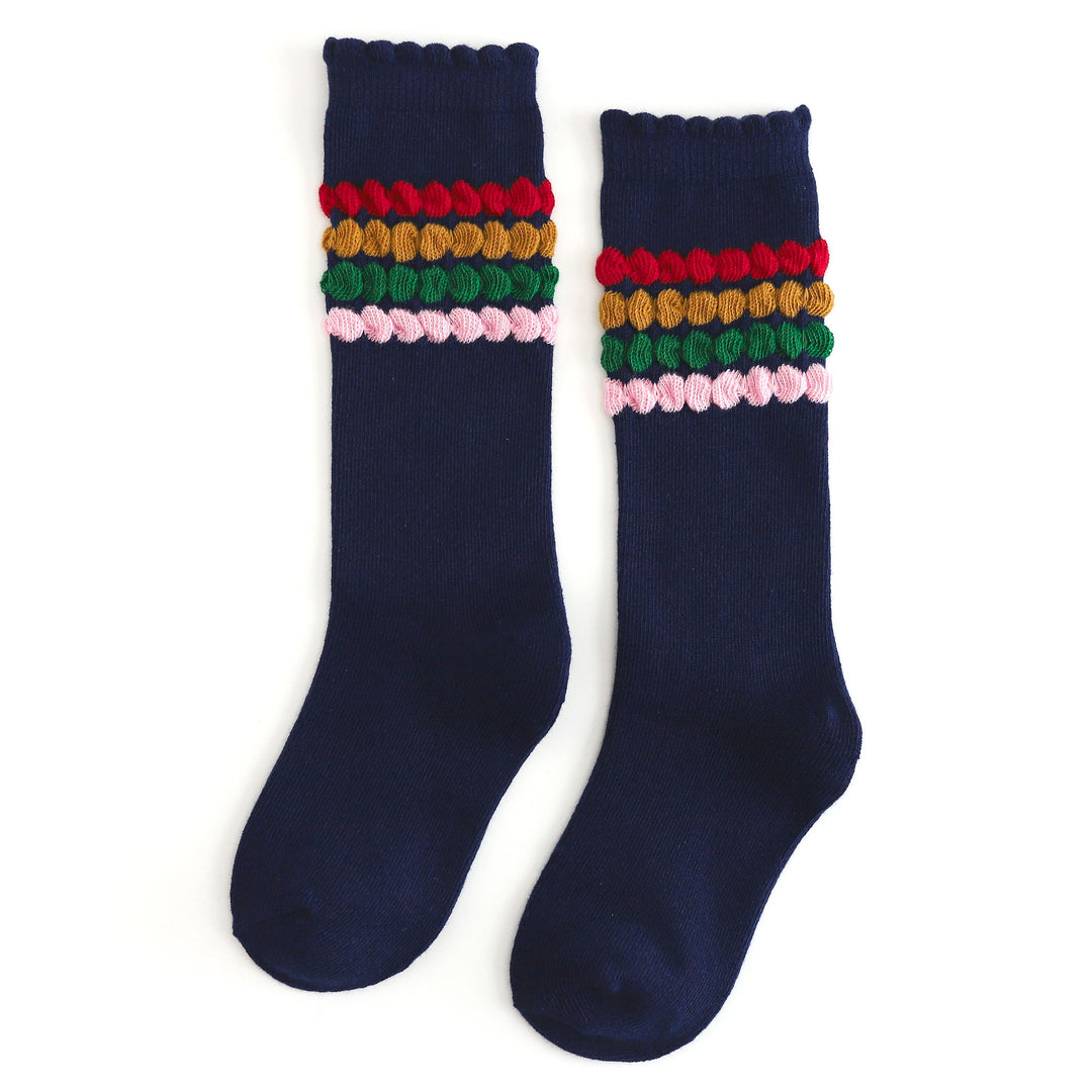 girl's navy knee high lace top socks with red, mustard, green and pink embellished bubble stripes to match back to school outfits