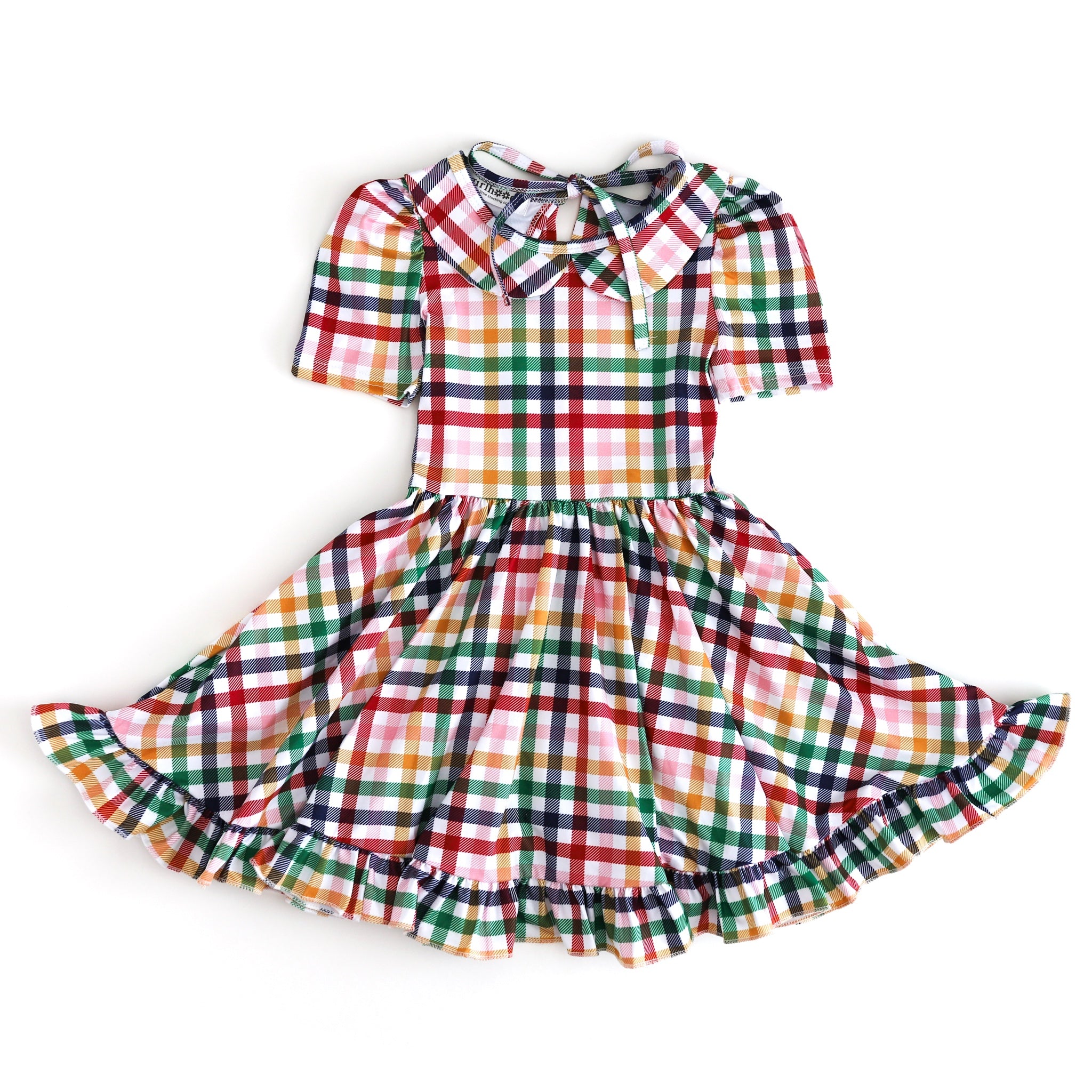 girl's short sleeve collared twirl dress in primary rainbow plaid print for back to school