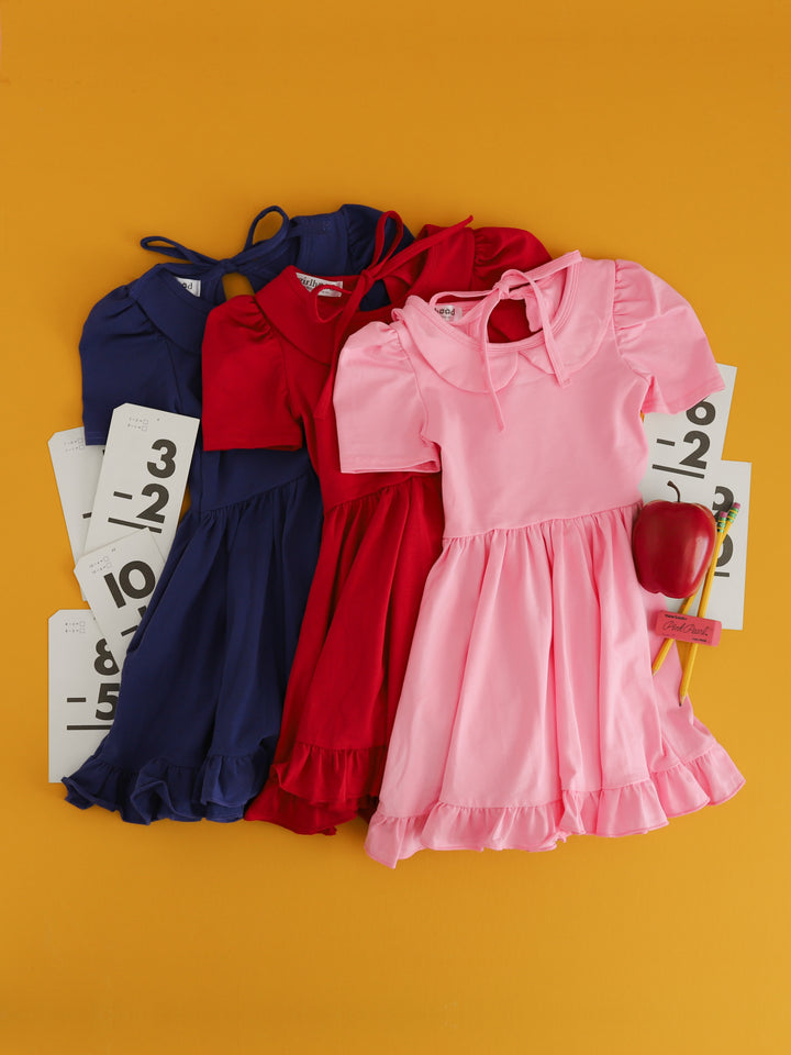 girl's solid back to school twirl dresses in navy, red and pink