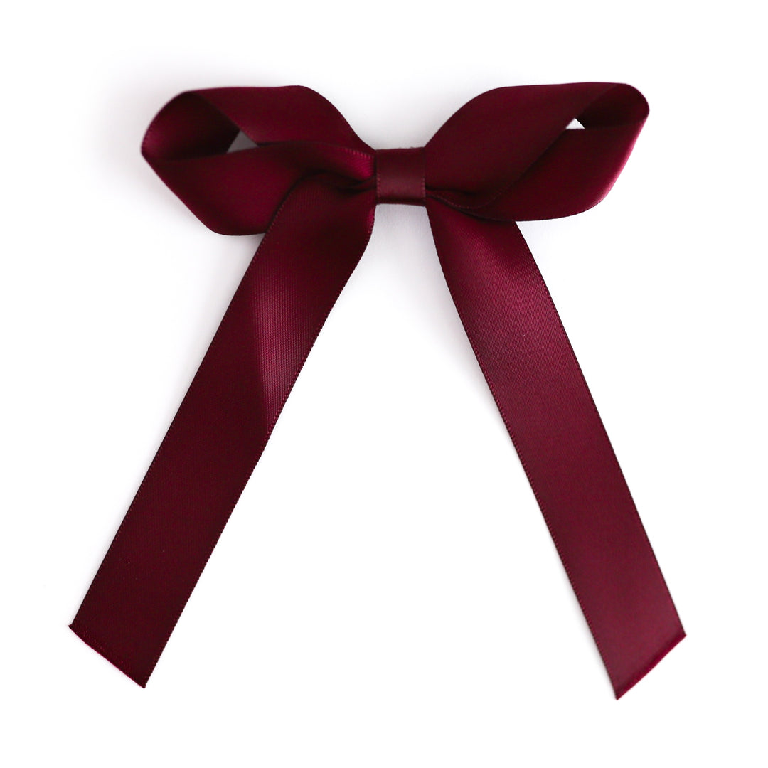 girls' satin bow on clip in burgundy