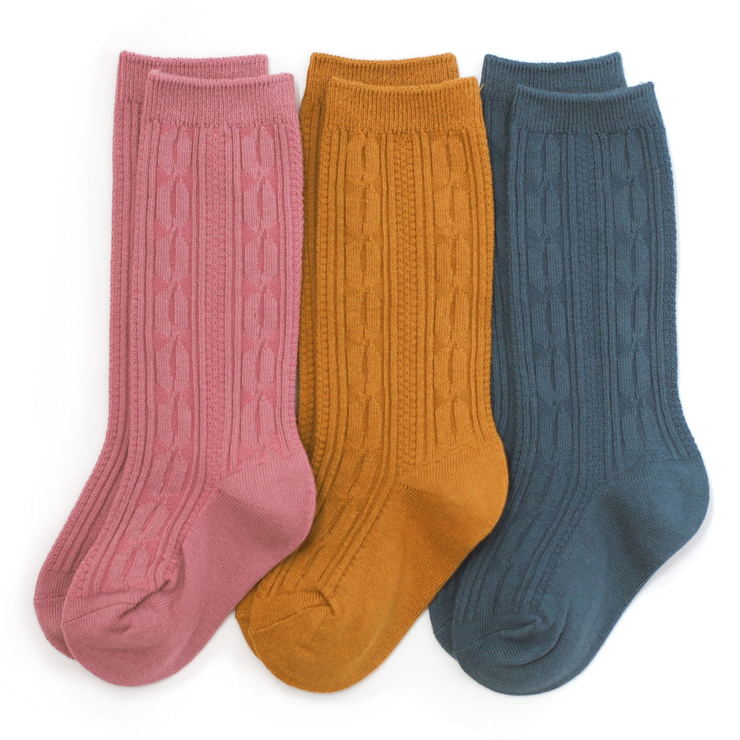 cable knit knee high socks for girls in pink, mustard and blue