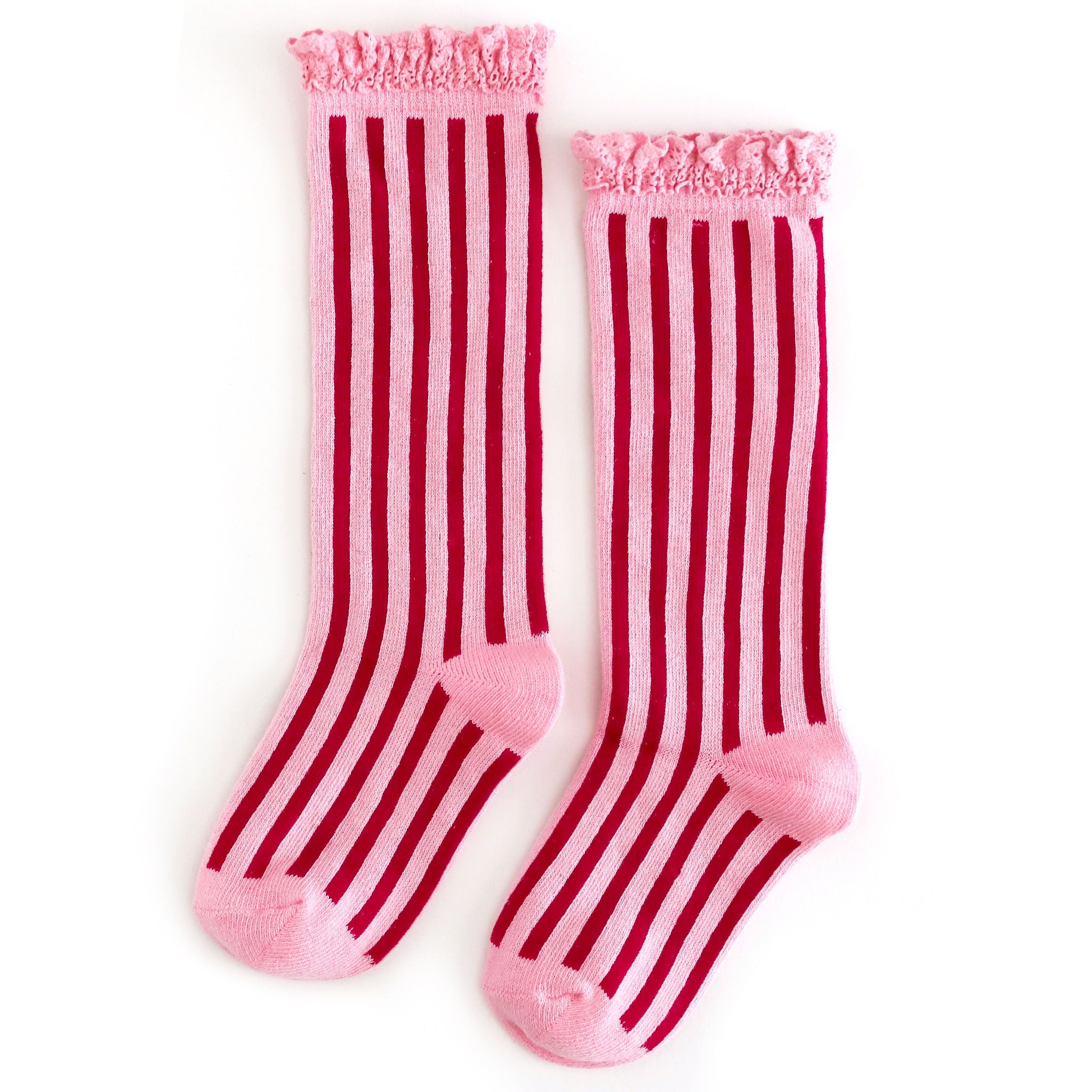 pink and red candy stripe knee high socks with lace trim for girls