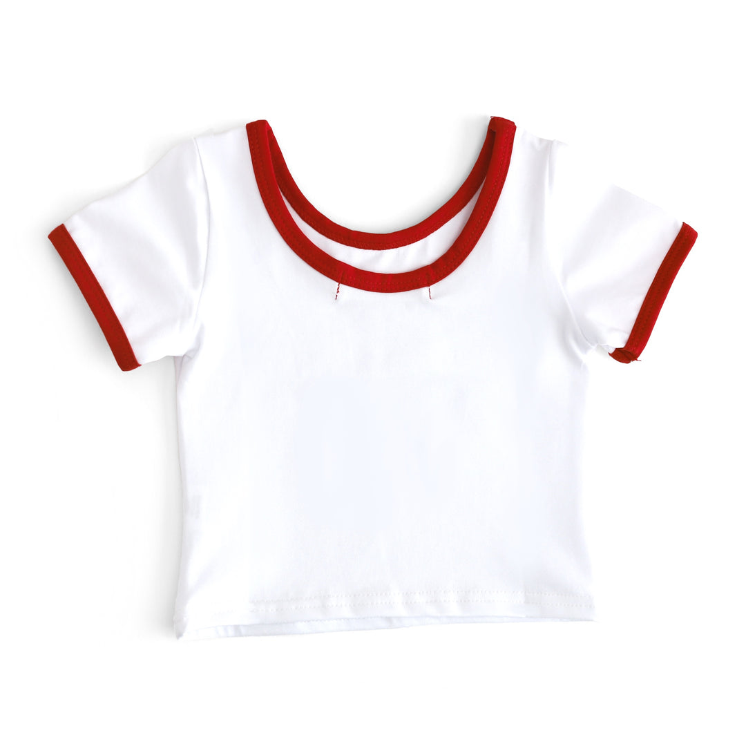 back view of girls' fitted white scoop neck tee with red binding