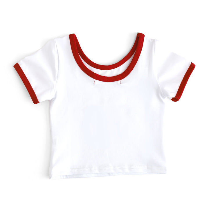 back view of girls' fitted white scoop neck tee with red binding