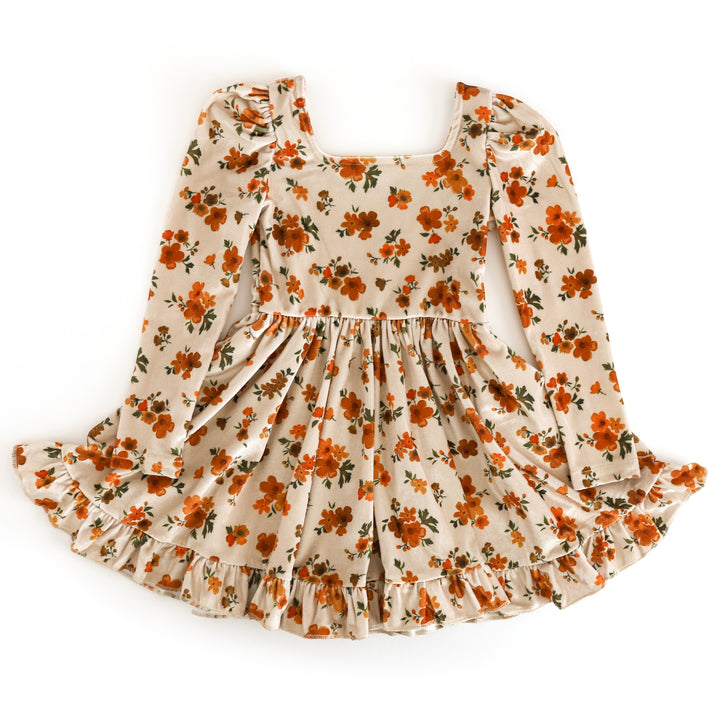 girls' cream velvet long sleeve twirl dress with brown and orange flowers for fall