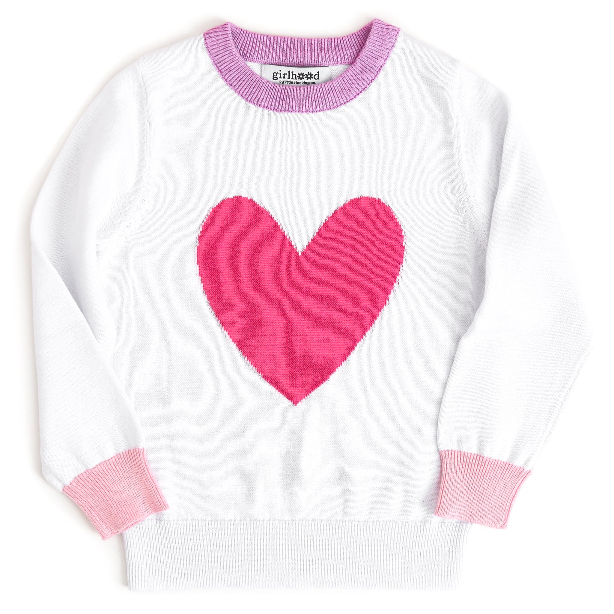 girls cotton knit sweater with Taffy pink heart, blossom pink cuffs and lavender collar on white