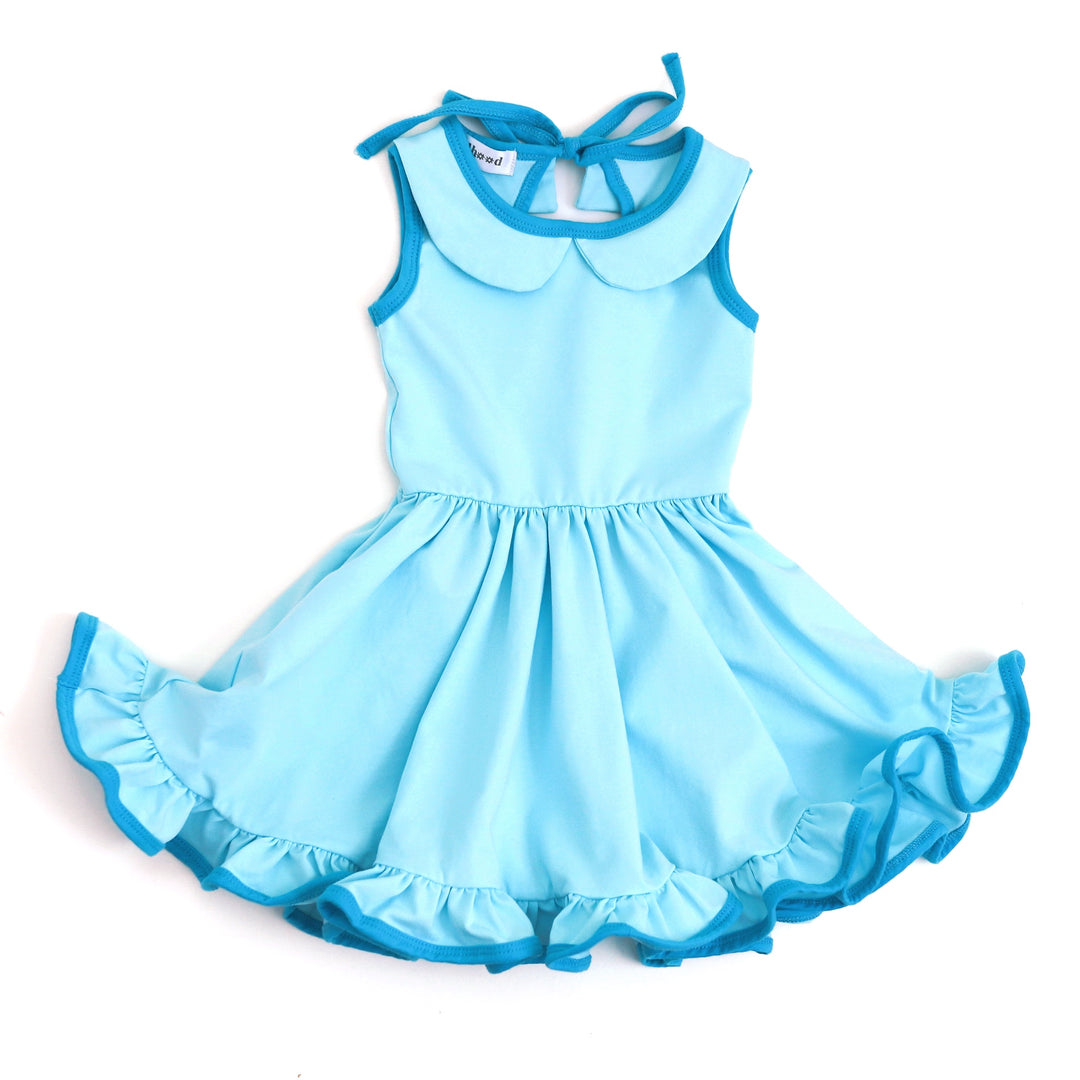 light and bright aqua blue girls' tank top twirl dress with pockets and collar