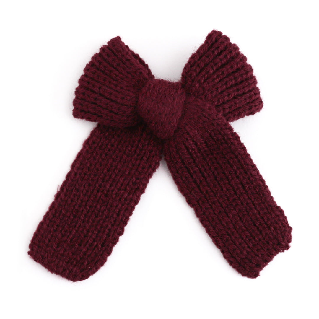 wide knit yarn girls hair bow in burgundy