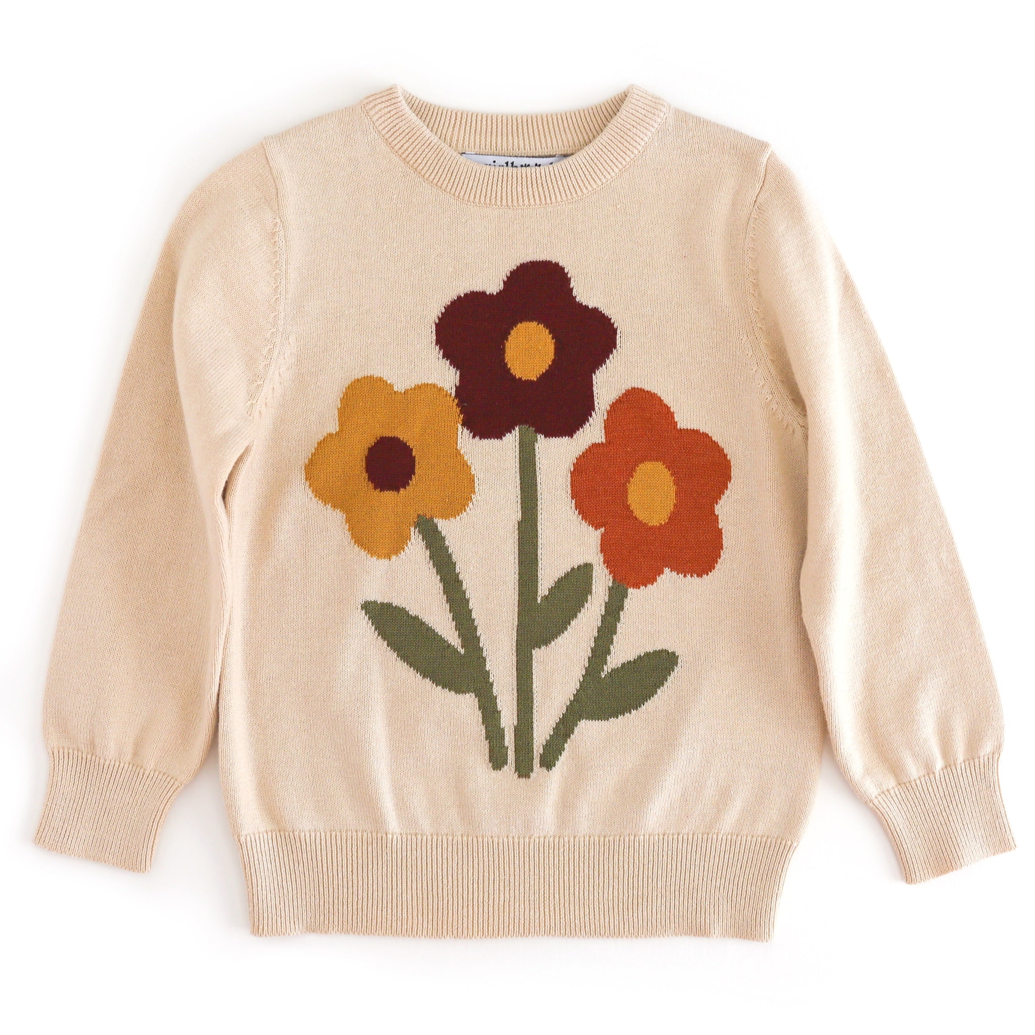 girls' cotton knit pullover sweater with fall flower bouquet design on a vanilla cream base