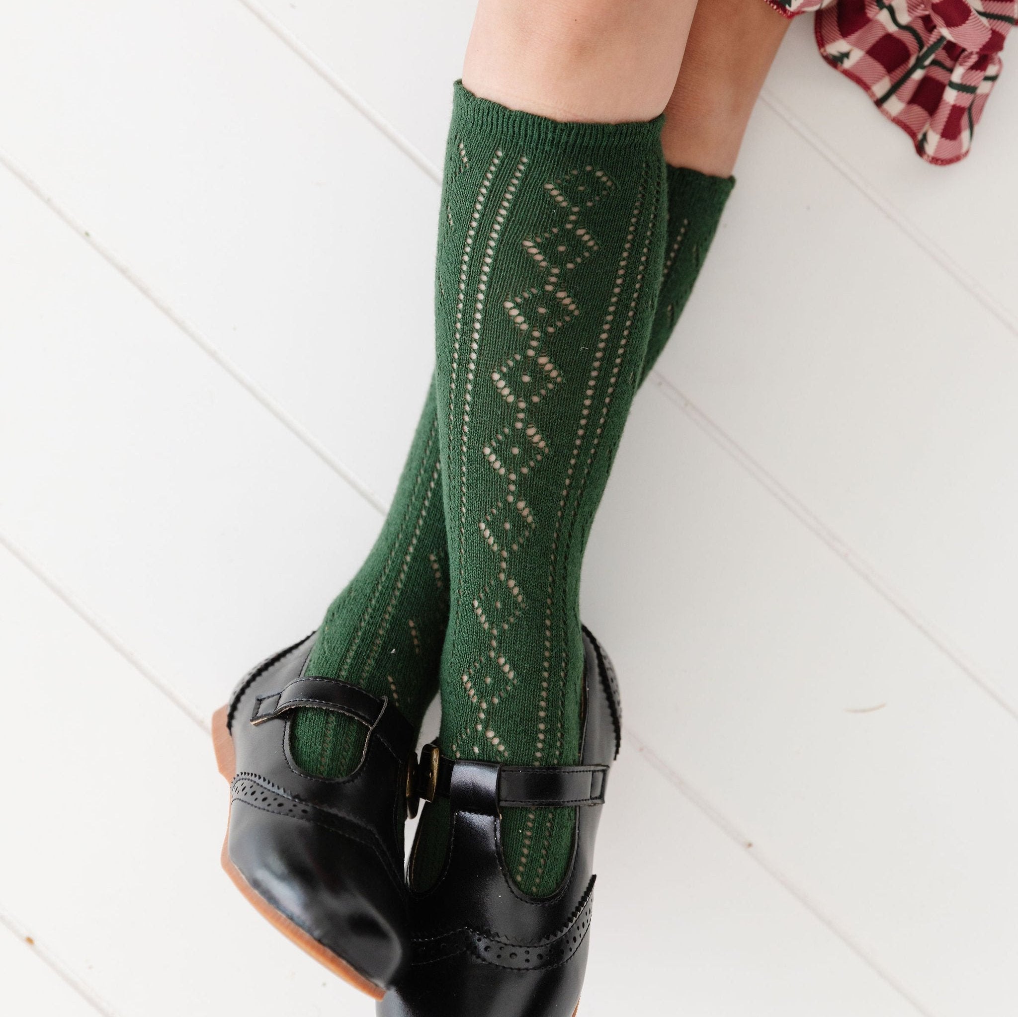 girls open knit pointelle knee high socks in forest green for Christmas