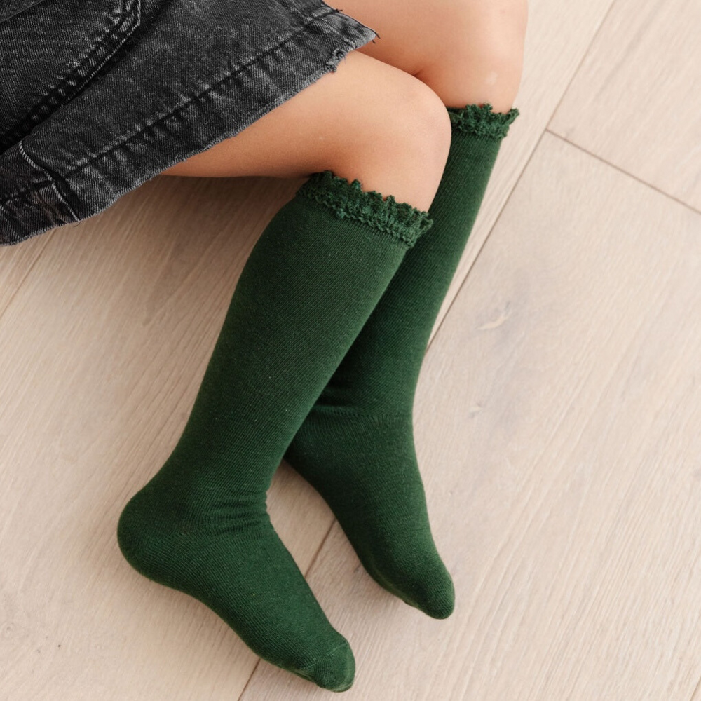 forest green knee high socks with lace trim