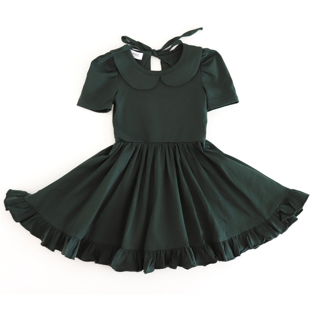 girls' short sleeve collared cotton blend twirl dress in forest green