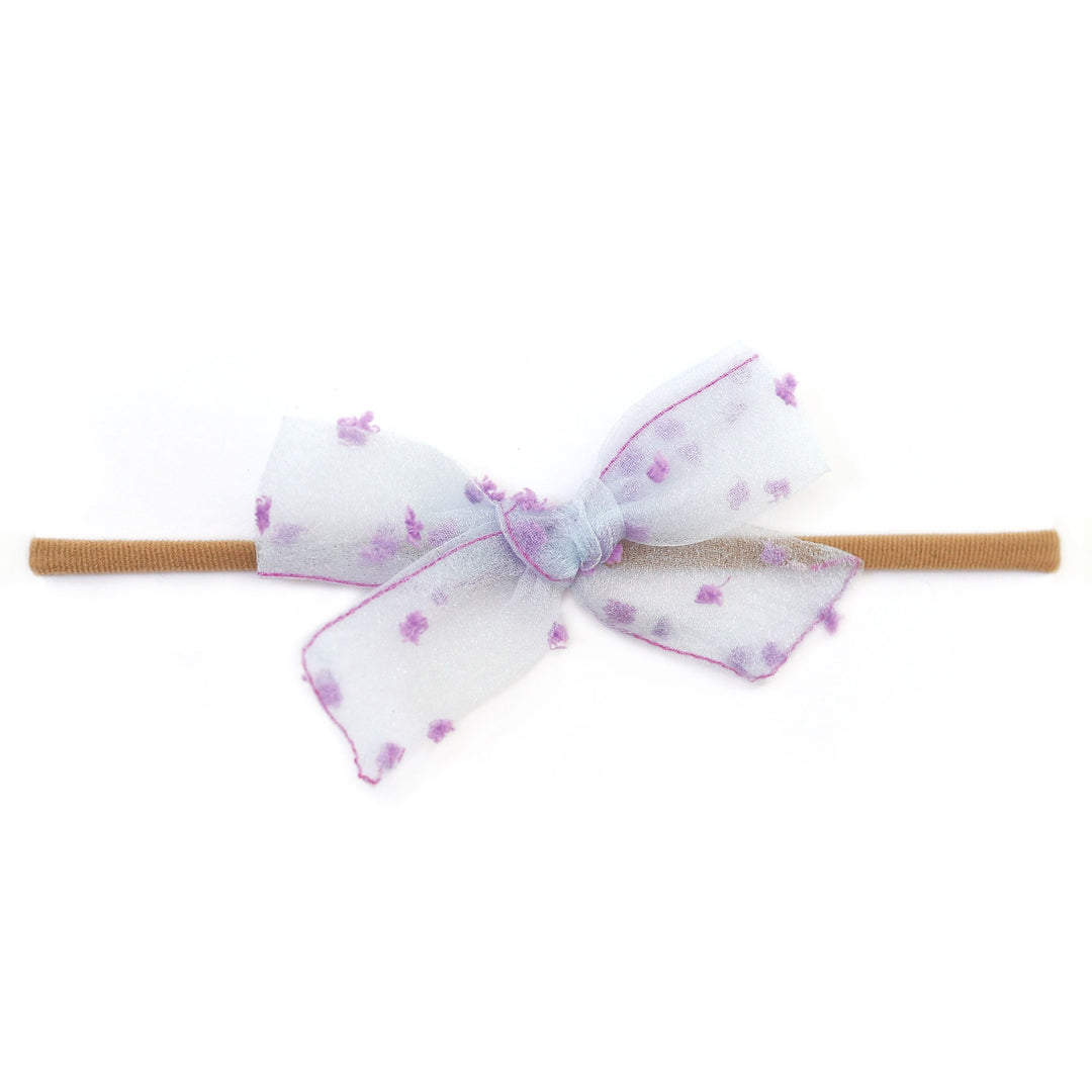light blue and purple sheer shimmer dot baby bow on soft nylon headband