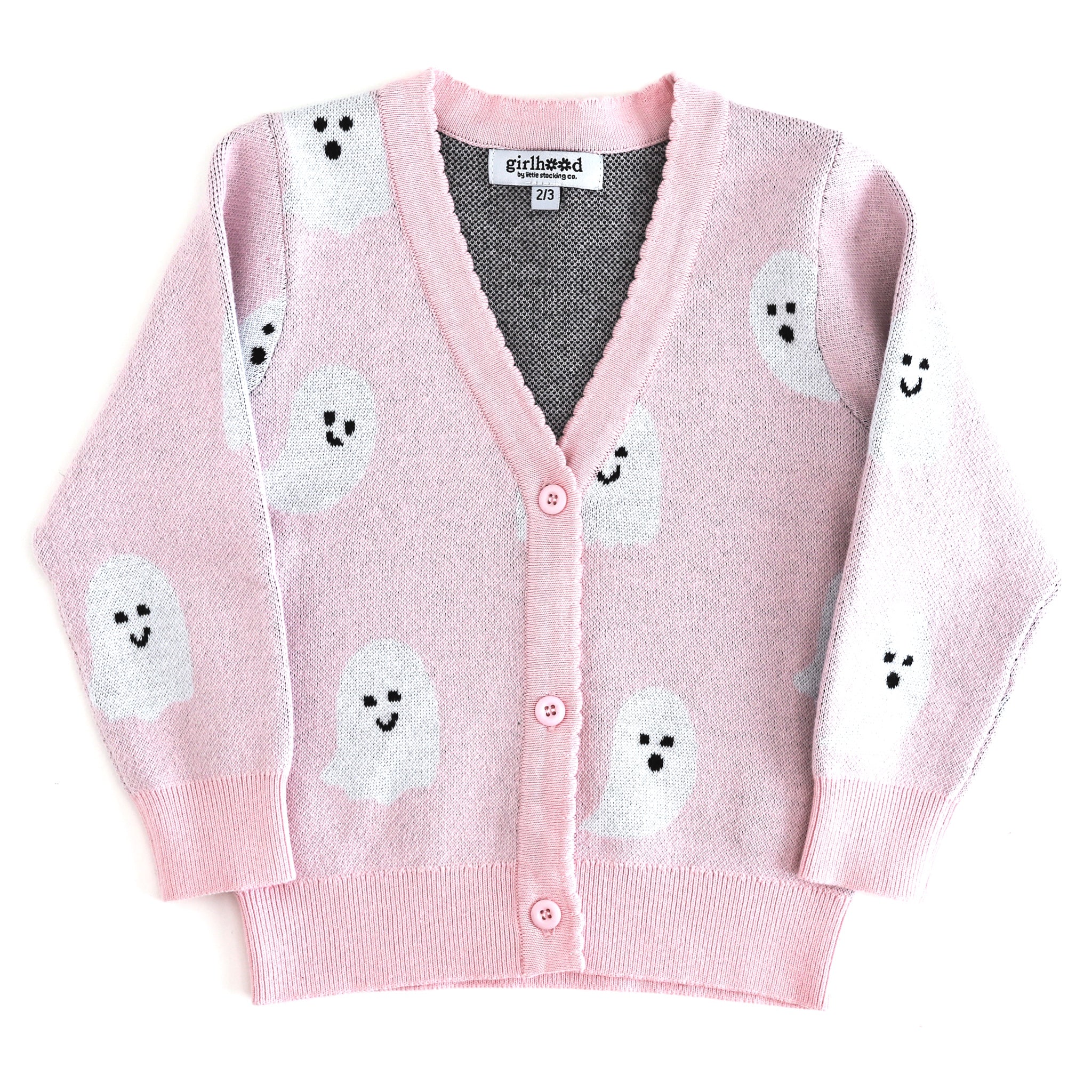 girls' light pink v-neck cardigan with white ghost print, button front and scalloped trim for Halloween
