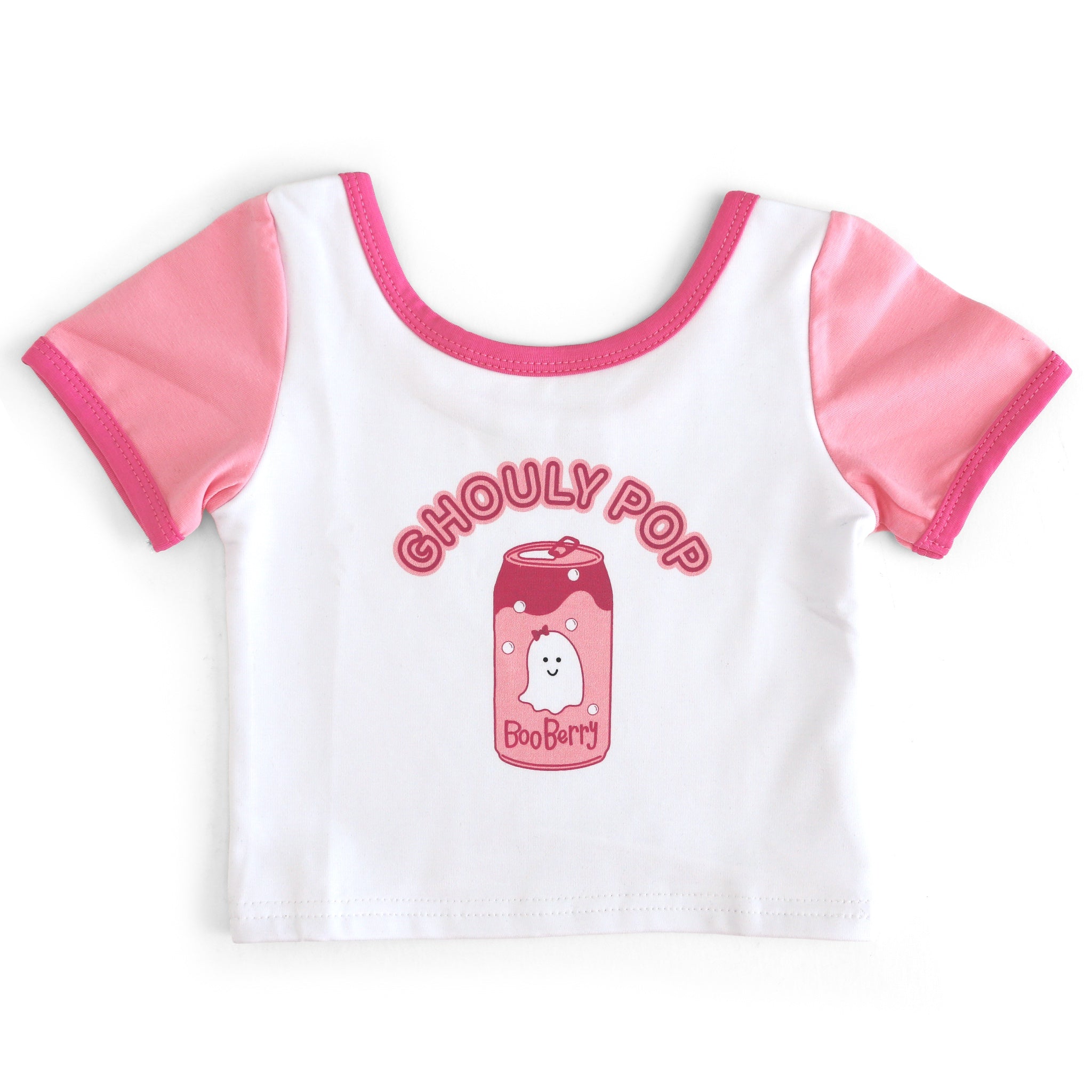 girls white t-shirt with two tone pink short sleeves and binding and