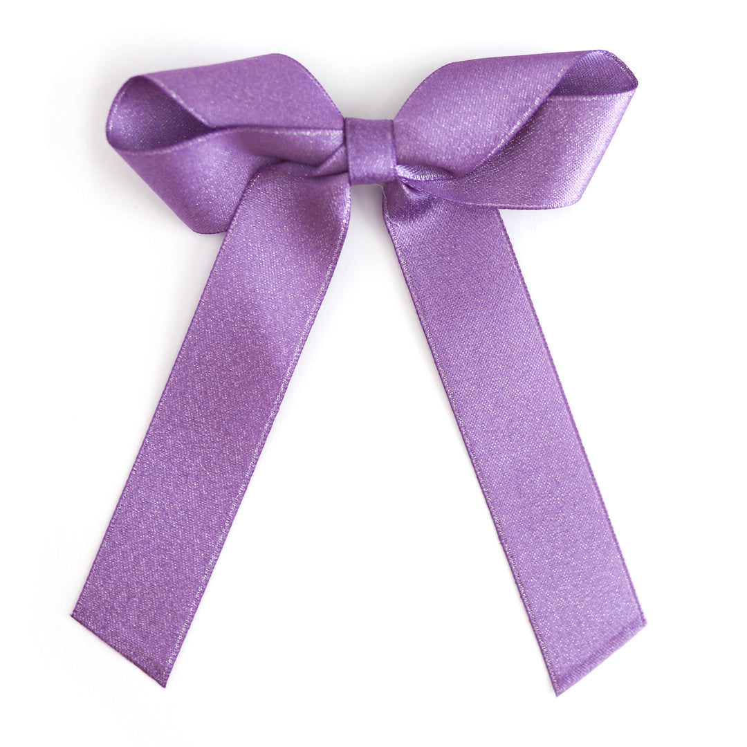 girl's shimmery lavender satin hand tied hair bow on clip to match Halloween Collection