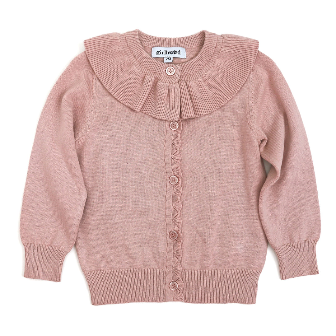girls ruffle cardigan sweater in blush pink