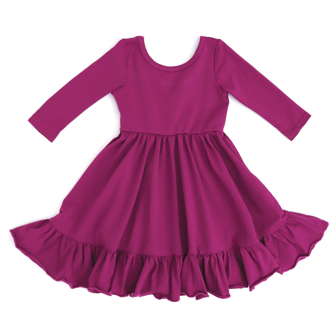 girls magenta twirl dress with long sleeves and pockets