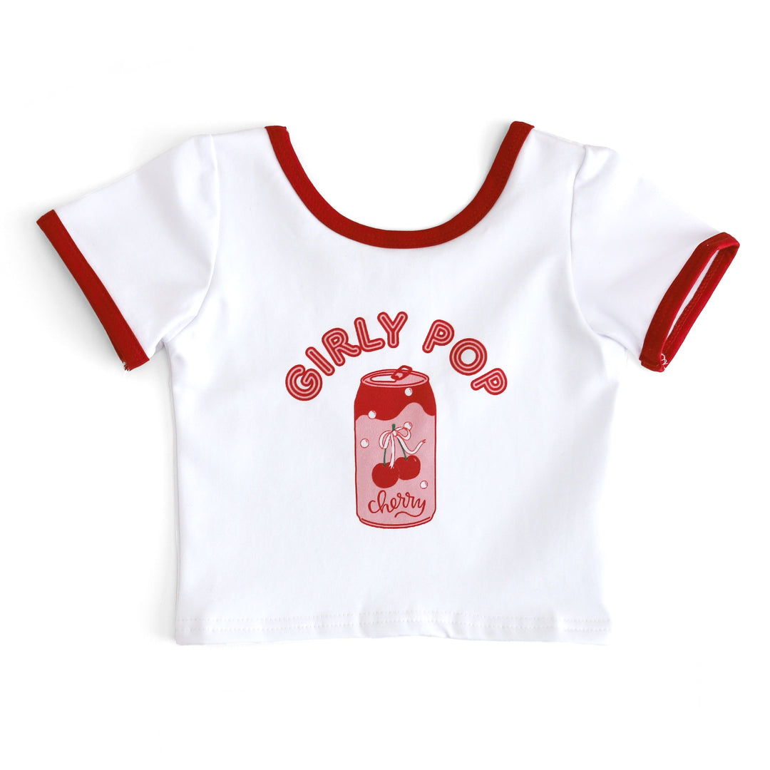 girls white fitted t-shirt with "girly pop" print and cherry soda design for summer