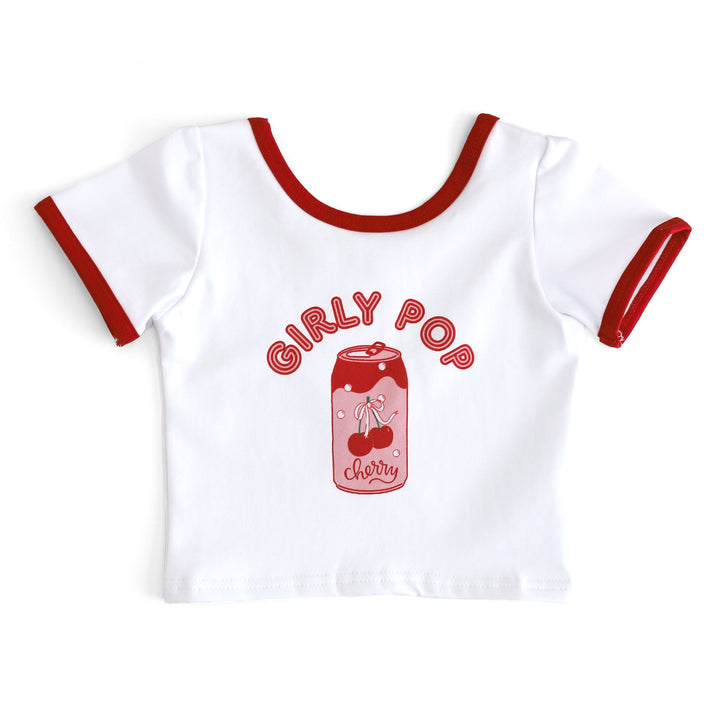 girls white fitted t-shirt with "girly pop" print and cherry soda design for summer