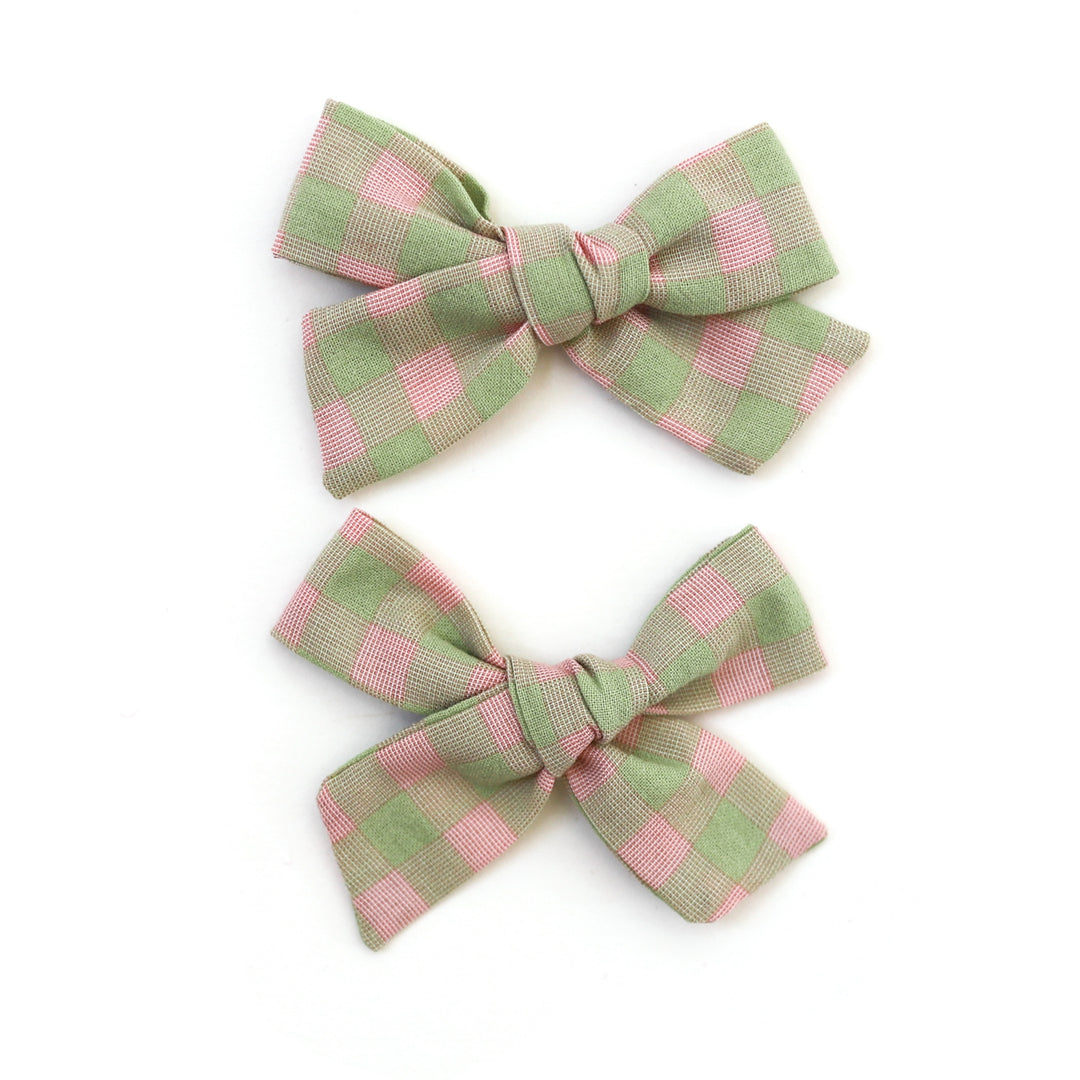 girls pigtail bows in green and pink gingham 