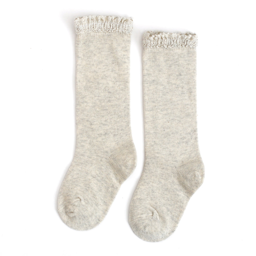 heathered ivory lace top knee high socks for babies, toddlers and girls