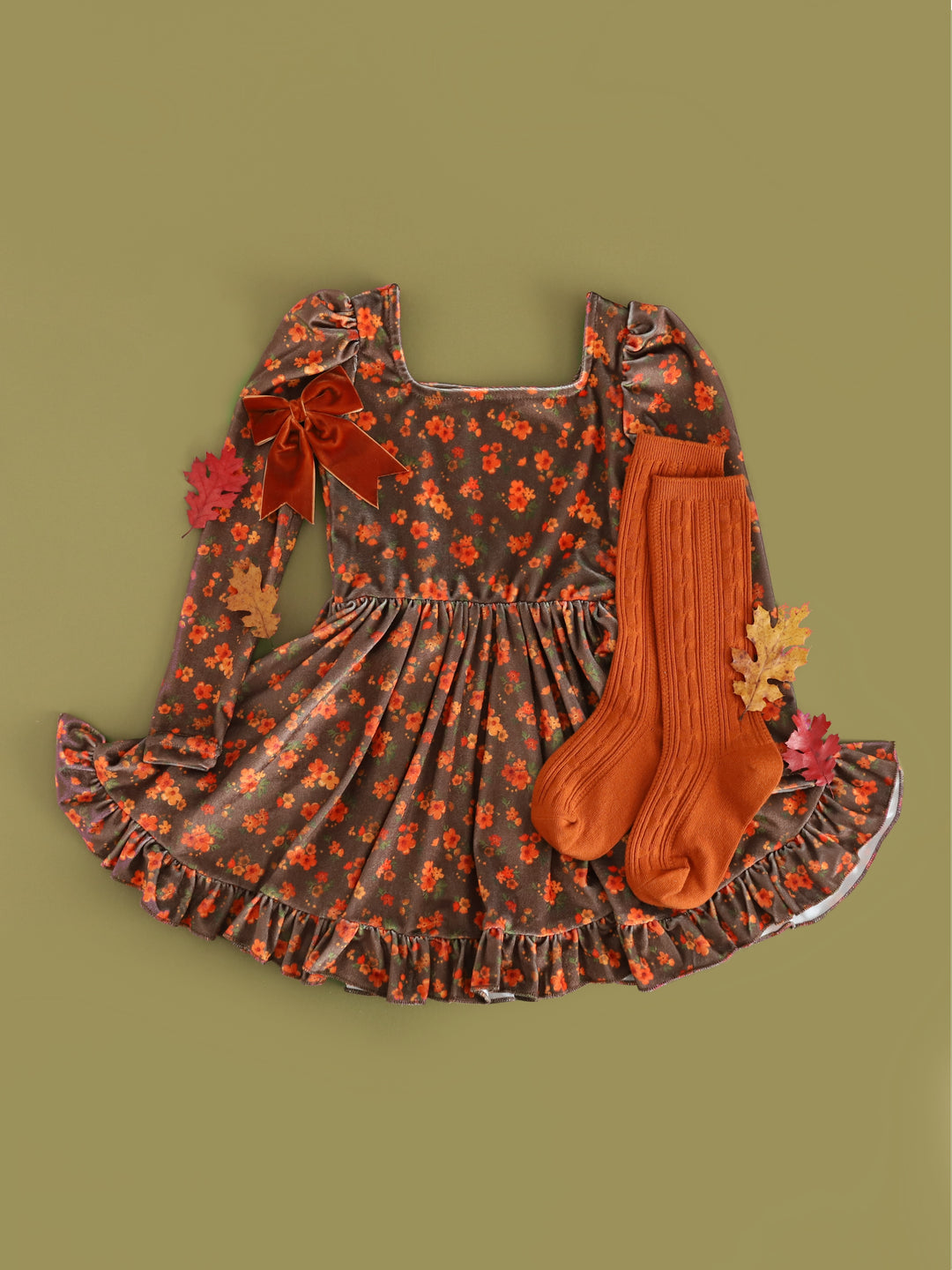 girls' fall brown velvet twirl dress with pumpkin spice floral paired with matching knee highs and velvet ribbon bow