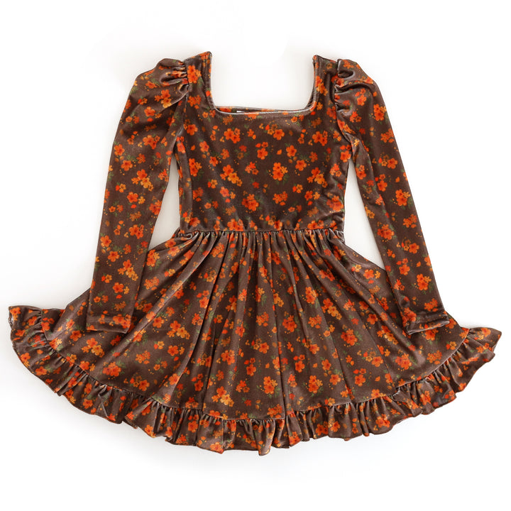 girls' brown and pumpkin orange fall floral velvet twirl dress with long sleeves